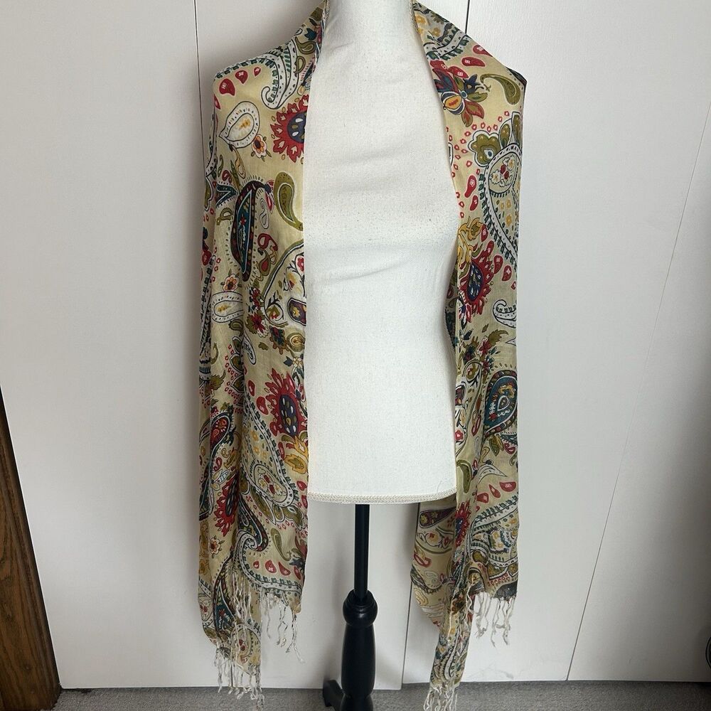 Orvis Women Paisley Acrylic Scarf Rectangle Multicolor Earth Tones Fringe